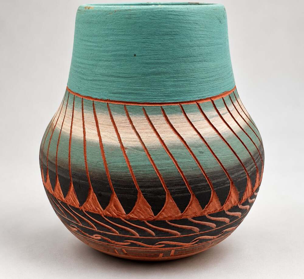 Southwestern Turquoise Sgraffito Pottery Vase Signed Geometric Boho Decor